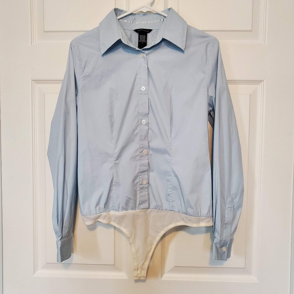 Moda International Light Blue Button Down Oxford Shirt Bodysuit Size L Large